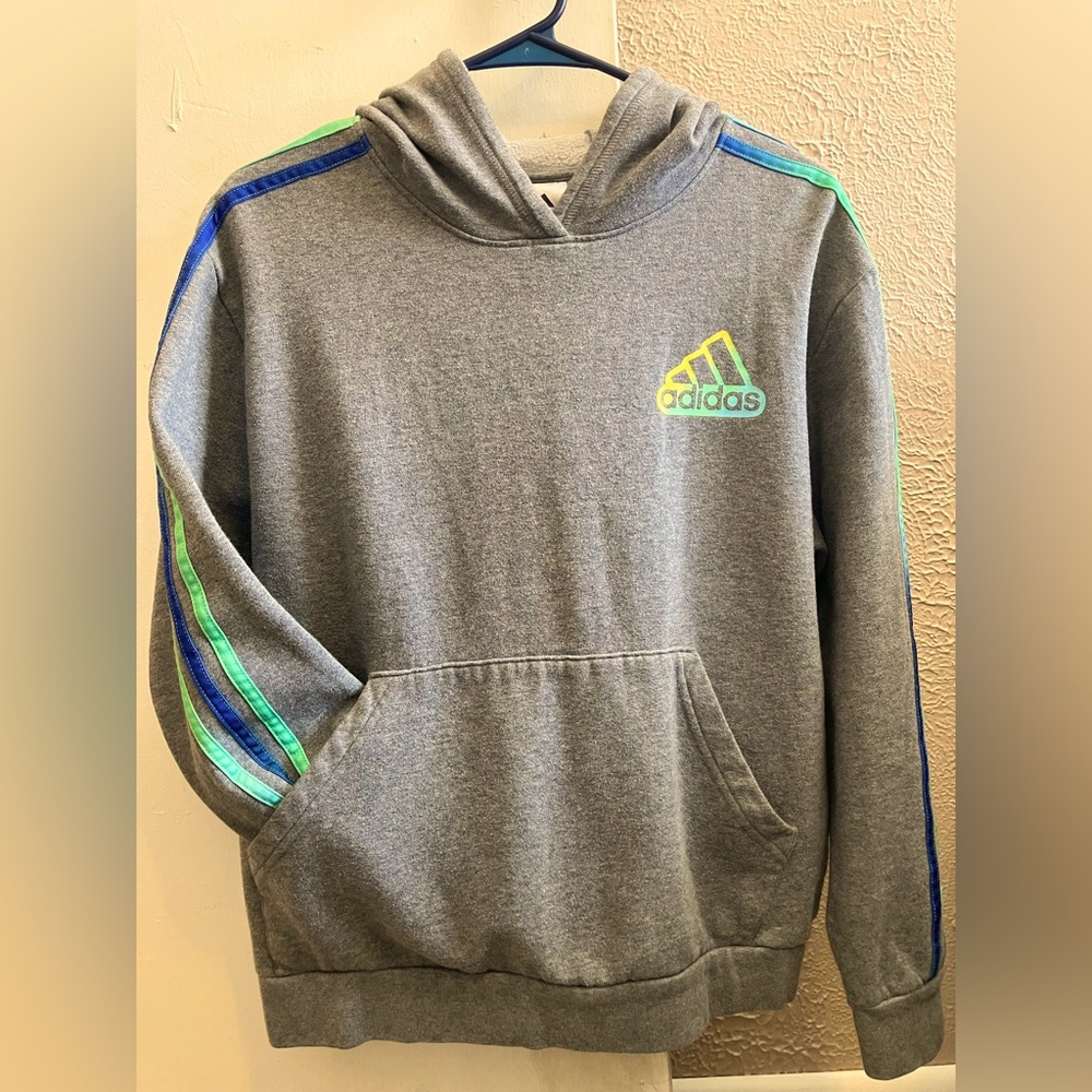Adidas kids XXL Gray Hoodie with Blue and Green Accents